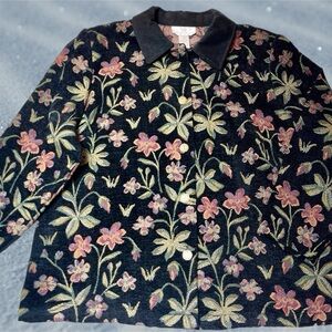 VTG Susan Graver Jacket / Shacket Size 2X Black & Chenille Floral Tapestry